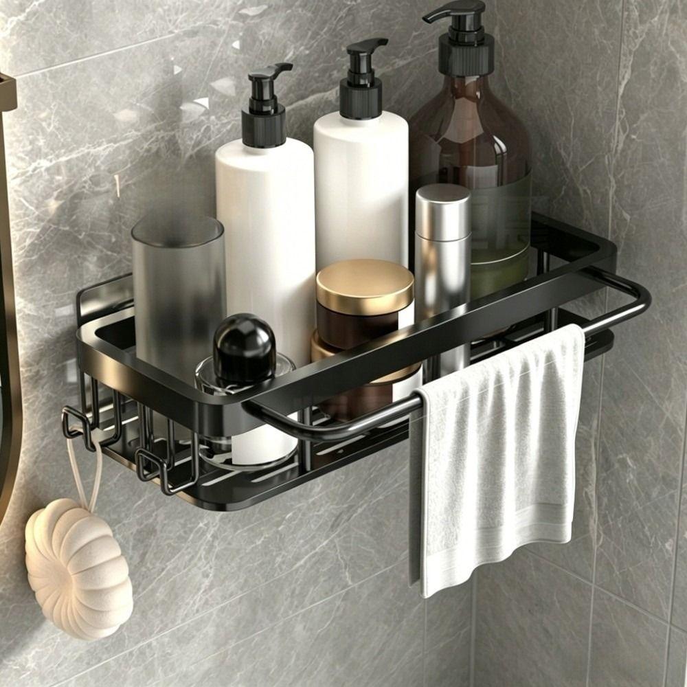 With Rod Wall Mounted Shelf No Drill Corner Organizer Storage Accessories Shower Rack Kitchen