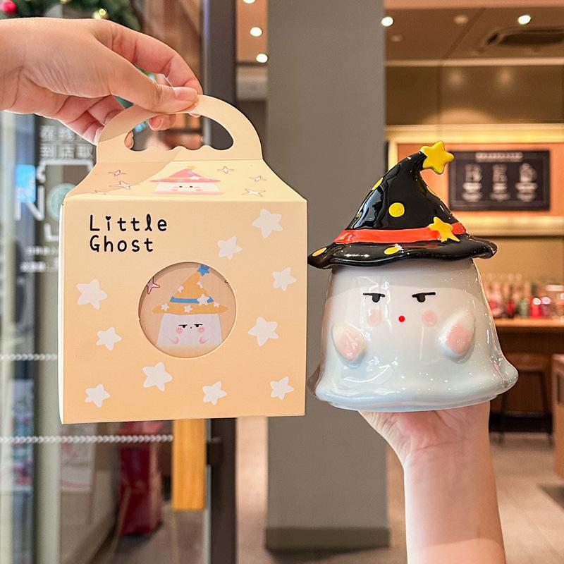 Søt og morsom spøkelseskopp, keramisk jentekopp med lokk, suvenir, praktisk gaveeske til gutter, bursdagsgave.