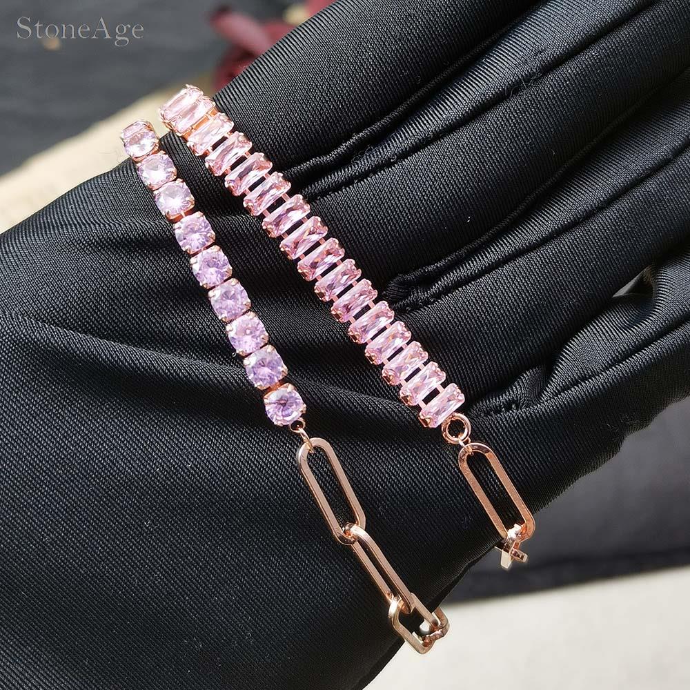 Pink Crystal Tennis Bracelets for Women Female Trend Romantic Shiny Zirconia Adjustable Folding Buckle Chain on Hand Jewelry