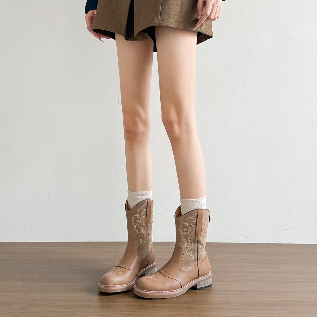 Sheepskin Version~ British Style Short Boots Women's Shoes Brown Retro Embroidered Western Cowboy Boots Thin Boots Martin Boots Women's Tide