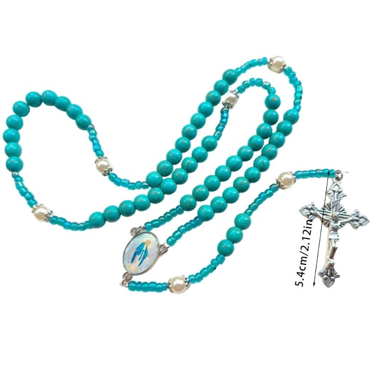 Catholic Blue Turquoise Beads Rosary Chain Necklace with Metal Crucifix Pendant Religious Jewelry Gift for Men and Women