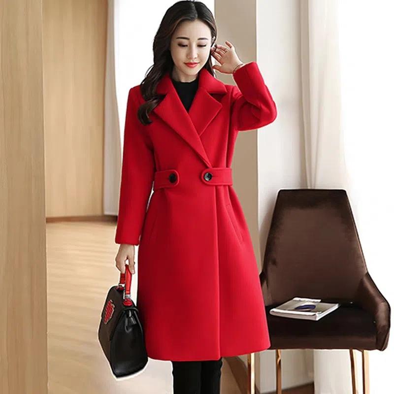 Damen Herbst und Winter einfarbig Langarmjacke im langen Abschnitt schmaler und dünner Mantel