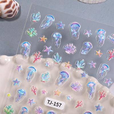 Cartoon Ozean Nagelkunst Sticker Relief 5D Sommer Seestern Muschel Farbe Nagel Abziehbilder Dekoration Zubehör DIY