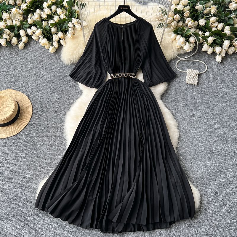 

Summer Dress New Arrival Fashion Special Interest Light Luxury Elegant Retro Pleated Dress Waist-Tight Slim Looking Elegant Flare Sleeve Dress Black One size