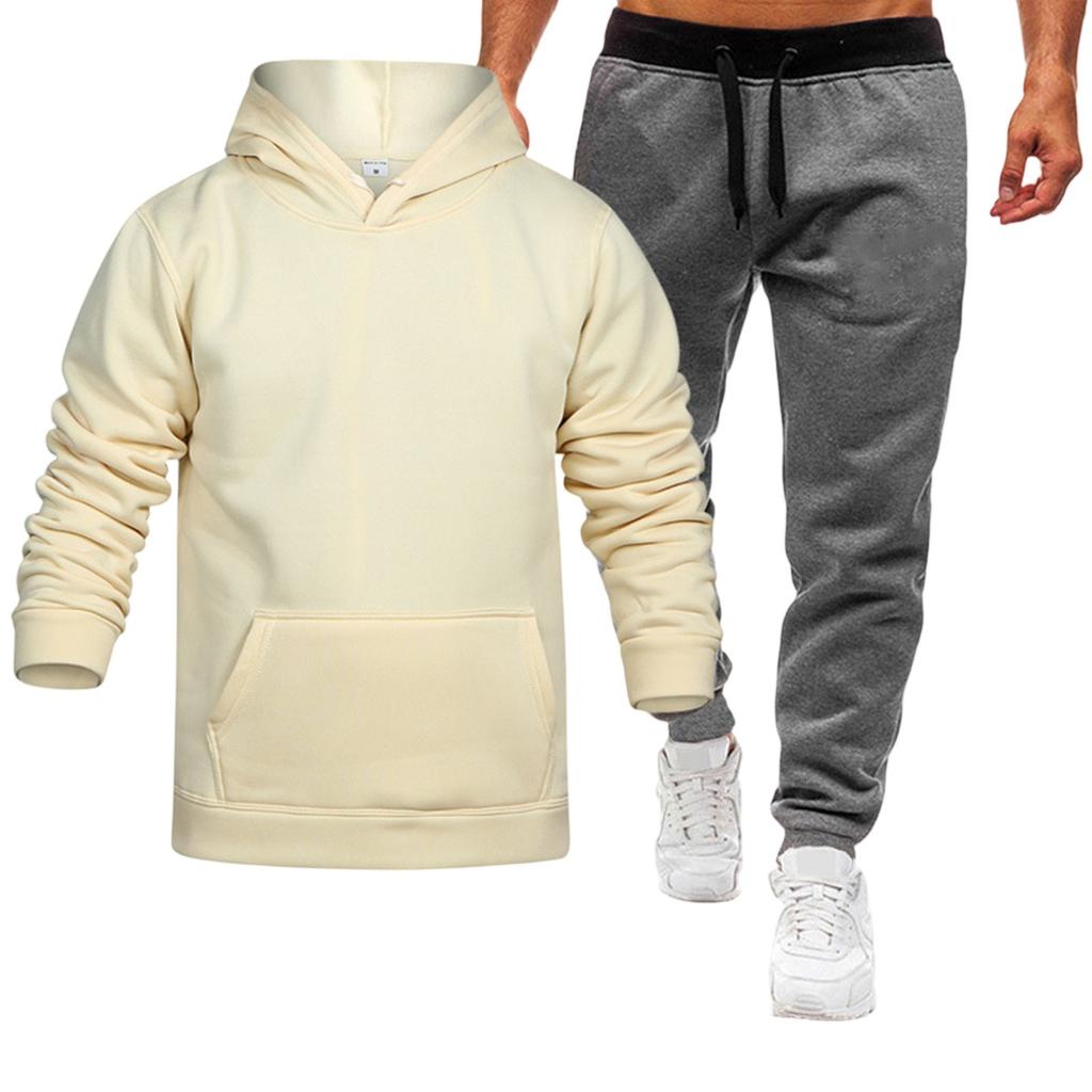 Men's Winter Solid Color Long-Sleeved Hooded Drawstring Sweatshirt And Sweatpants Suit