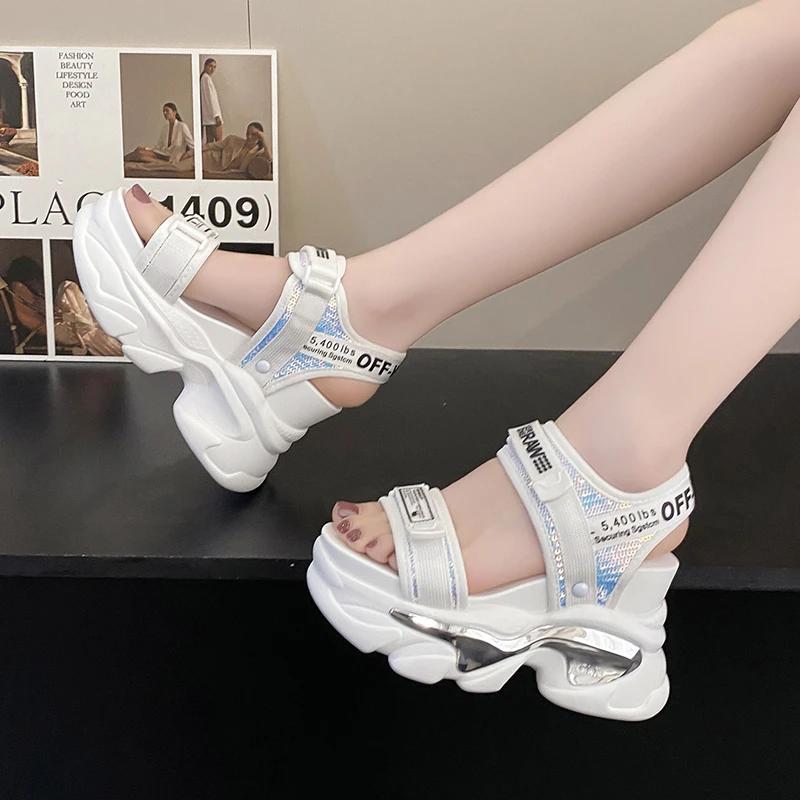 Fashion High Platform Sandals Women Bling Wedges High Heels New Summer Buckle Crystal Chunky Sandalias Beach Slippers Zapatos Mujer 10CM