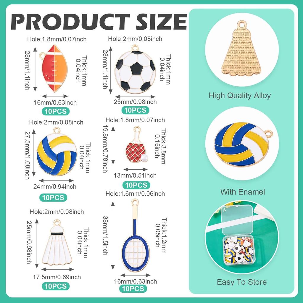 Sports Theme Enamel Charms Colorful Baseball Rugby Baseball Football Basketball Tennis Pendants Sport Balls Metal Dangle Charms for DIY Crafts