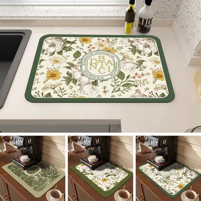Flower Printed Drain Pad Rectangular Coffee Machine Drying Mat  Absorbent  Drain Dish Pads Tableware Sink Rugs Placemat