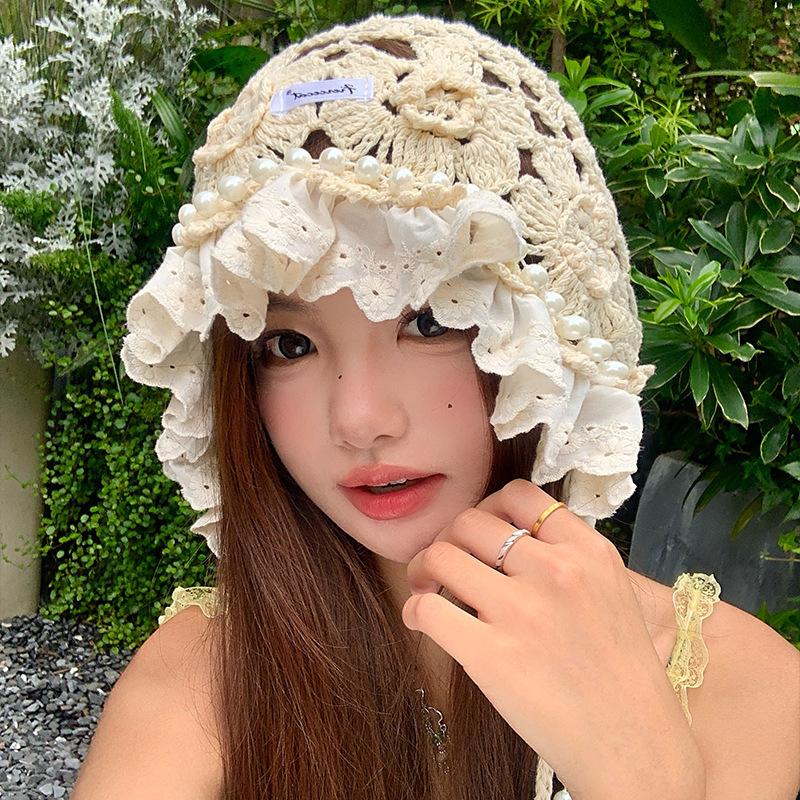 Pearl Tassel Handmade Knitted Headgear Female Summer And Autumn Hollow Sweet Travel Photo Versatile Face Small Headgear