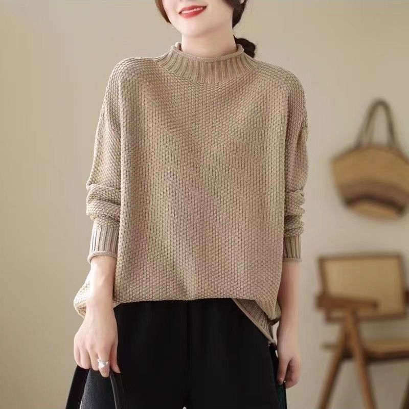 Women's Loose Stand Collar Sweater Autumn Winter Vintage Soft Skin-Friendly Solid Color Sweater