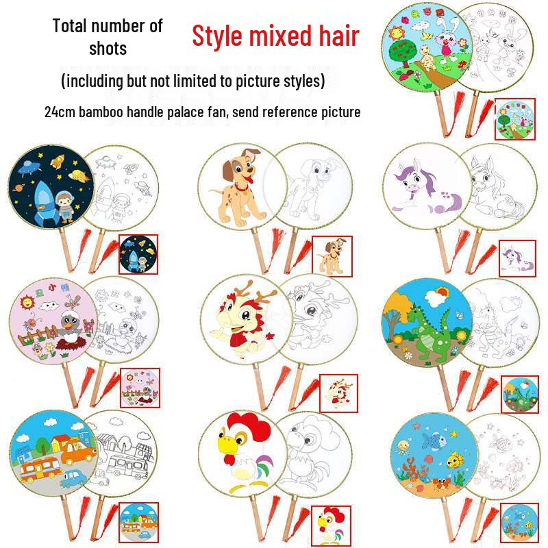 DIY Children's Silk Cloth Round Fan with Bamboo Handle - Palace Style Hand-Painted Kindergarten Craft