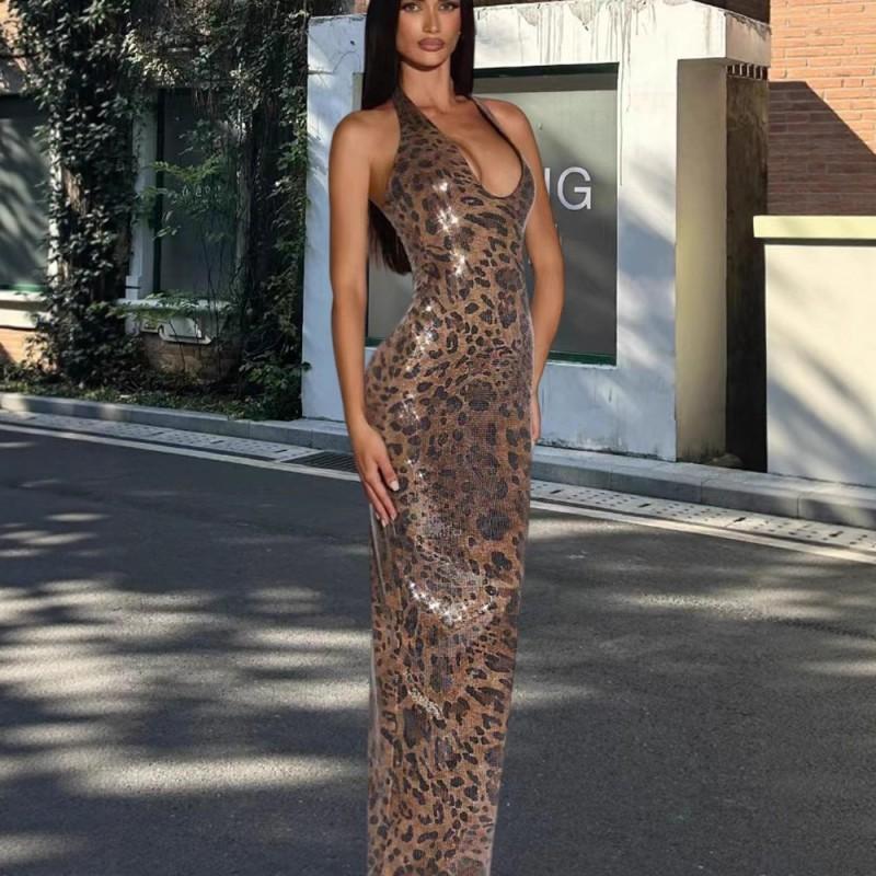 Womens Sequin Leopard Print Bodycon Dress Halter Neck Sleeveless Slim Fit Fashion Party Wear