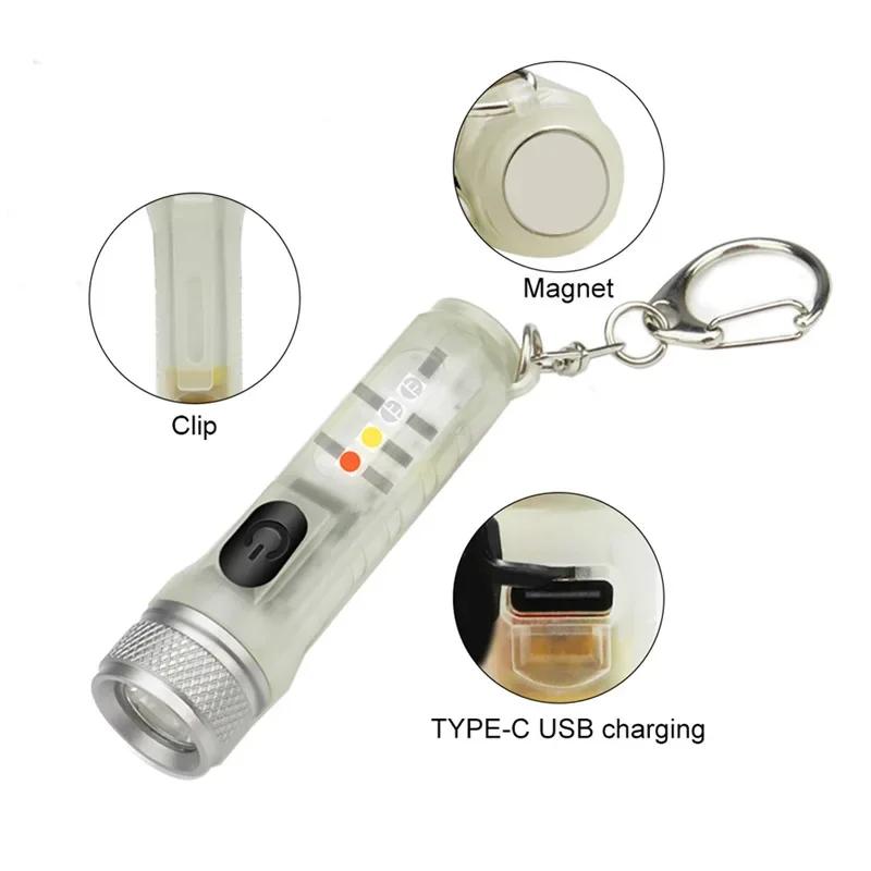 Mini Keychain Flashlight LED Rechargeable Torch Portable Magnetic USB Charging Flashlight High Power Camping Long Range Lantern