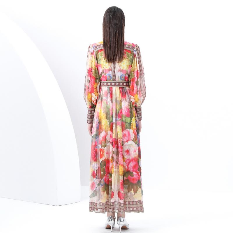 Spring Summer Women Retro Print Single Breasted Plus Size Loose Long Maxi Party Dresses With Belt