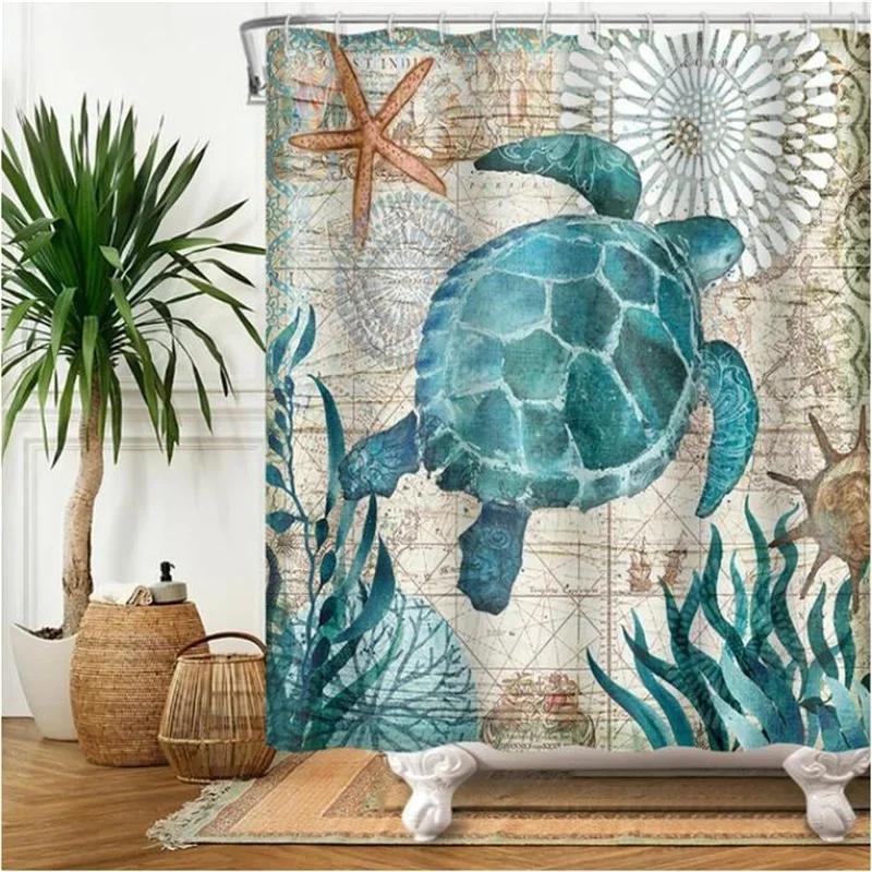 Underwater World Bathroom Shower Curtain Sea Turtle Dolphin Ocean Creature Landscape Bath Curtains Children Cloth Bathroom Decor