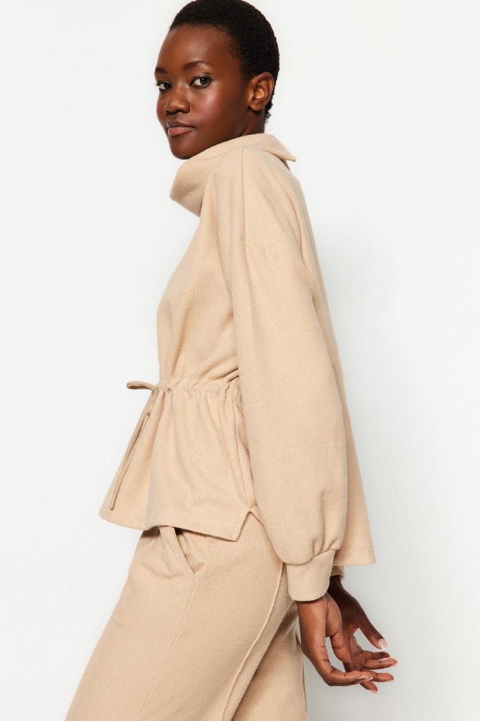 Women's Fashionable Stylish Sweatshirt Navy Blue Thessaloniki Knitwear Look High Collar Gathered Regular Fit Knitted Sweatshirt