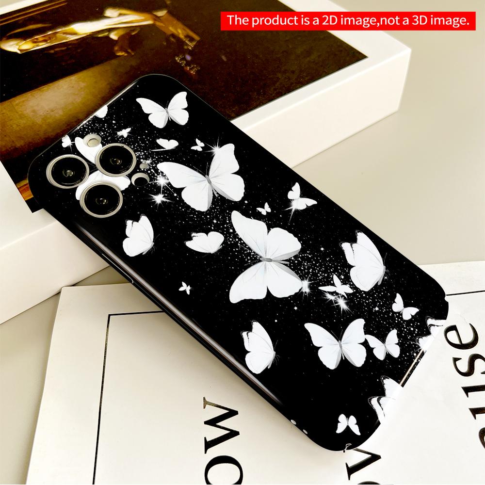 White Butterflies Sparkle On Black Background All Inclusive Film Hard Phone Case, Compatible with iPhone 18 Pro Max 17 16 15 14 13 12 11