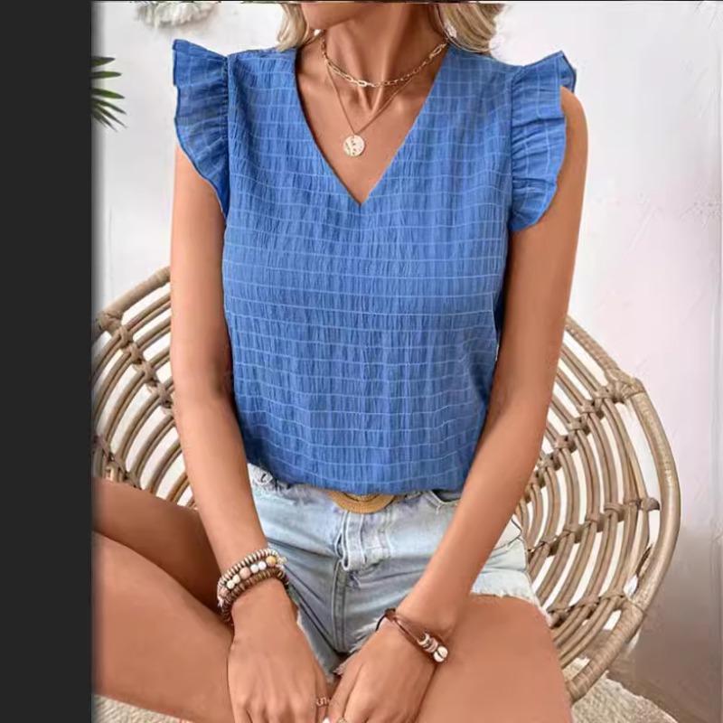 New Summer Tops Solid V-neck Flying Sleeve Casual Shirt Women Elegant Slim Fit Vintage Fashion Blouses Women Simple Blue Ladies Pullover Blouse 26544