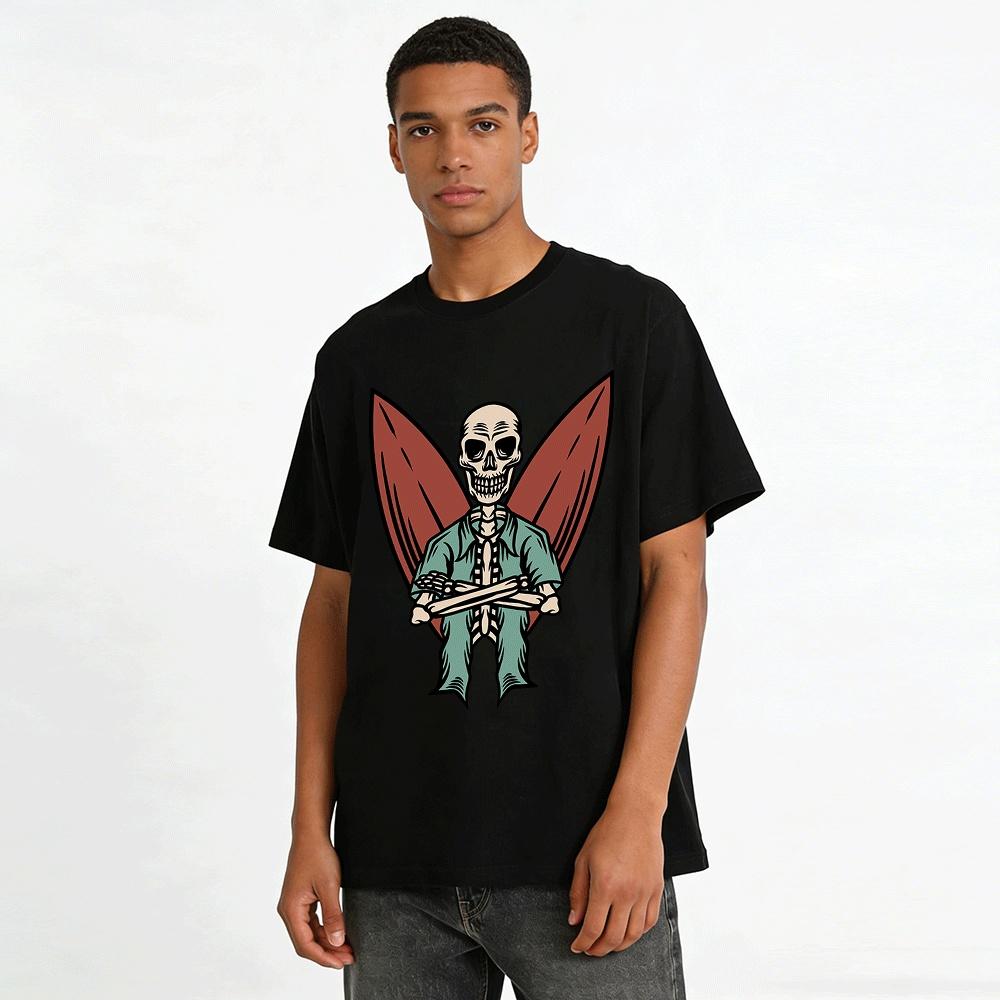 Vintage Skeleton Wing Print Trendy T-Shirt Unisex Casual Top Pure cotton T-shirt