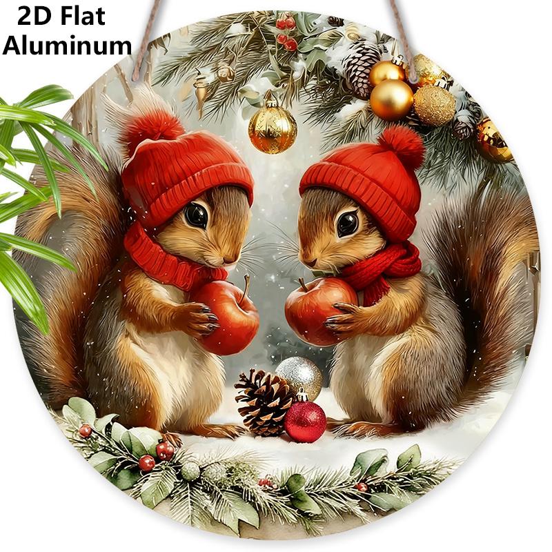 

2D Flat Warm Winter Aluminium Christmas Sign with Adorable Squirrel Pattern - Navidad Figurine Ornaments - Ideal for Front Door, Wall, Porch, Fence 7.87×7.87inch