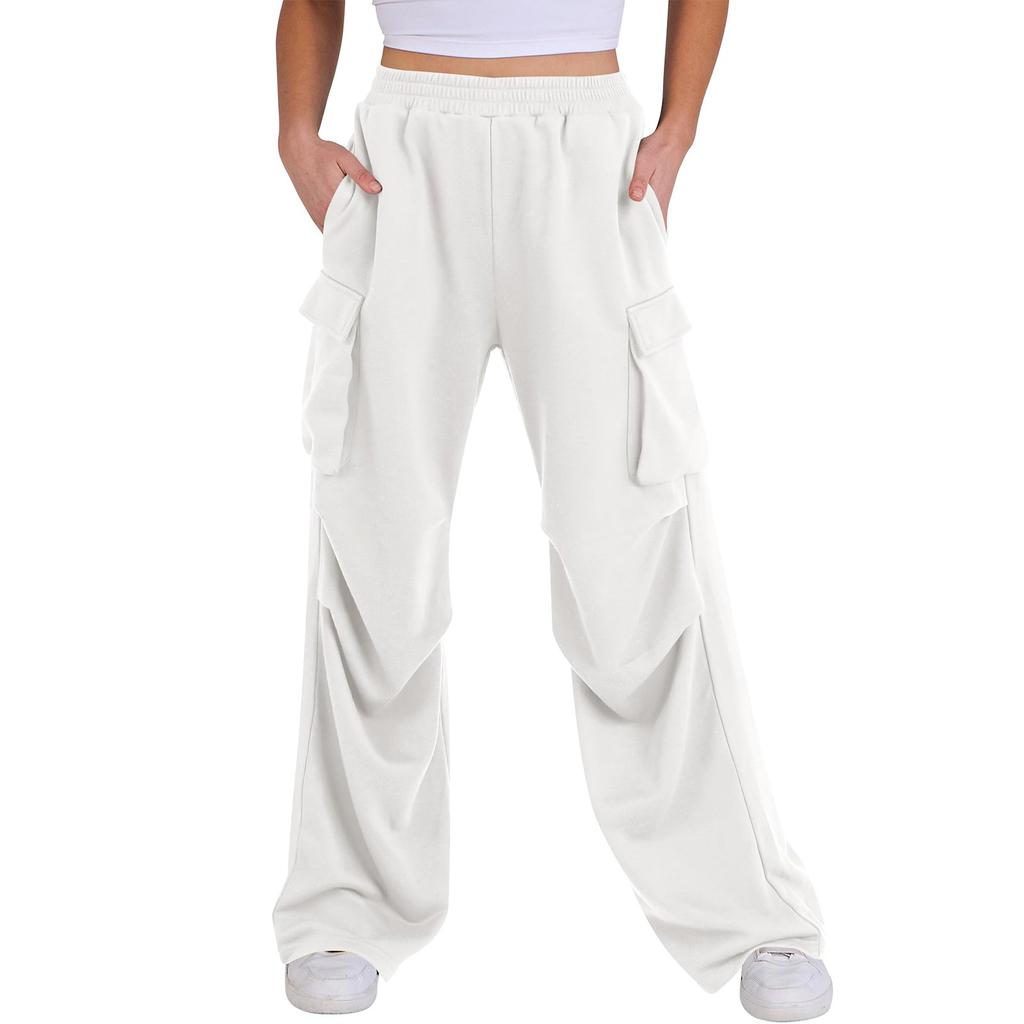 Women’s Wide Leg Cargo Pants Loose Fit High Waist Elastic Waistband Casual Trousers with Multiple Pockets for Daily Wear