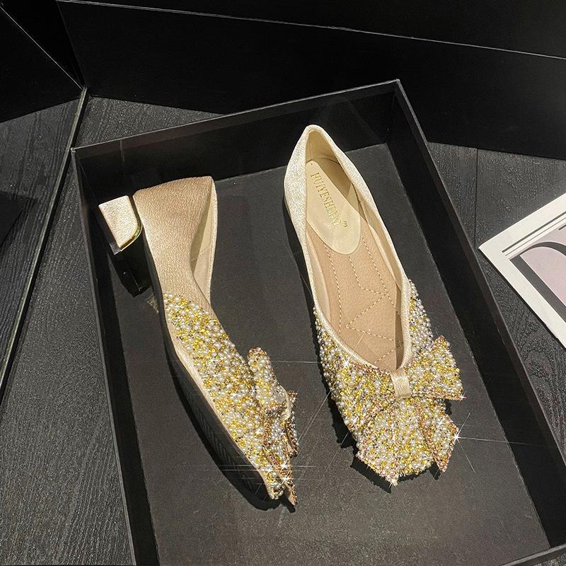 

Туфли на толстом каблуке, женские новые, с квадратным носком, с мелким вырезом, с бантом и стразами, темпераментные туфли на высоком каблуке 43 абрикосовый