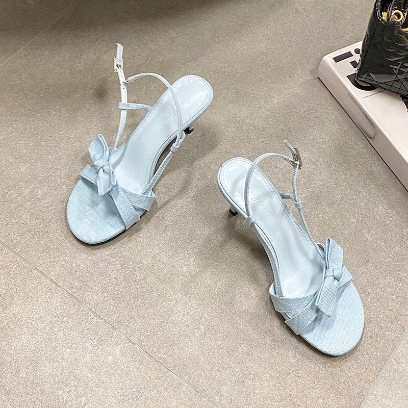 Fashion Fashion Round Toe Elegant Women Heeled Sandals Shoes Shallow Female Butterfly-Knot Ladies Medium Heels Sandals Shoes Pumps