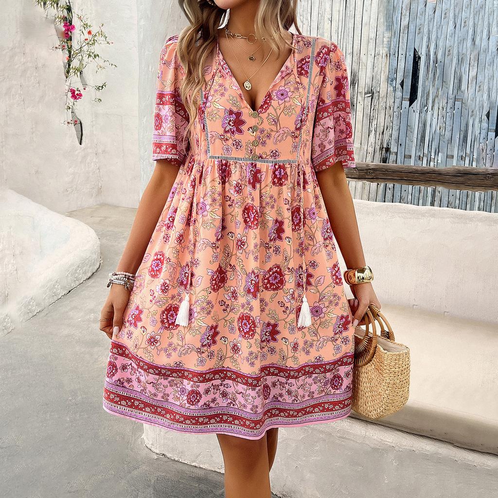 Women's Summer Vacation Printed Short-sleeved Dress