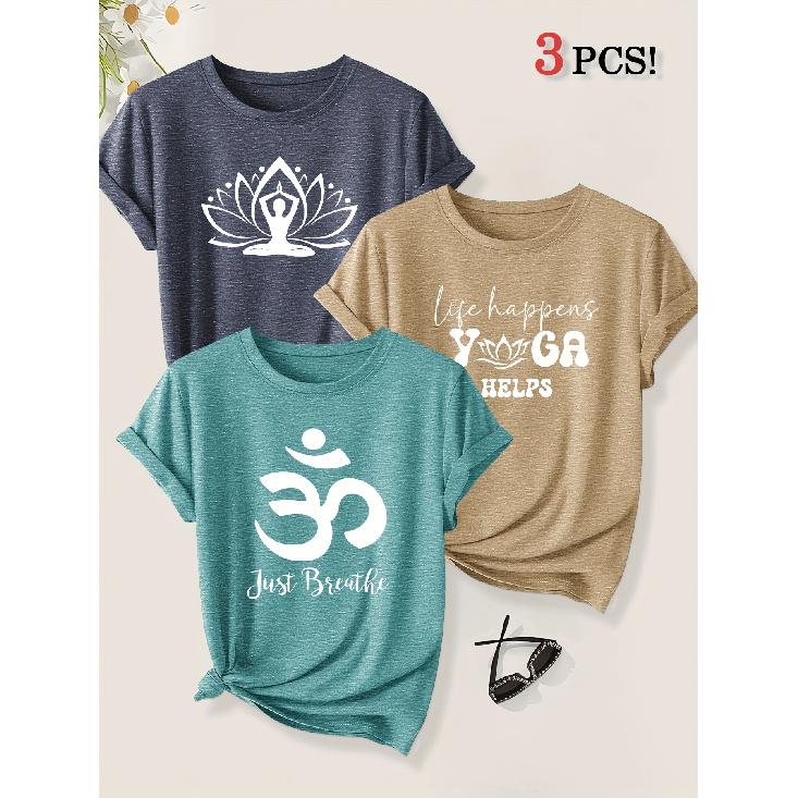 3er-Pack Yoga Meditation Figur Lotus Symbol Aufdruck Damen Kurzarm T-Shirts Sommer Herbst Sport Urlaub Freizeit Oberteile