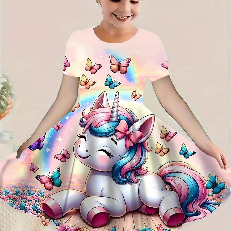 Girl's 3D Cat Print Maxi Dress, Elegant Round Neck + Loose Fit, Ideal for Daily Picnics, Sweet Picnic Outfit