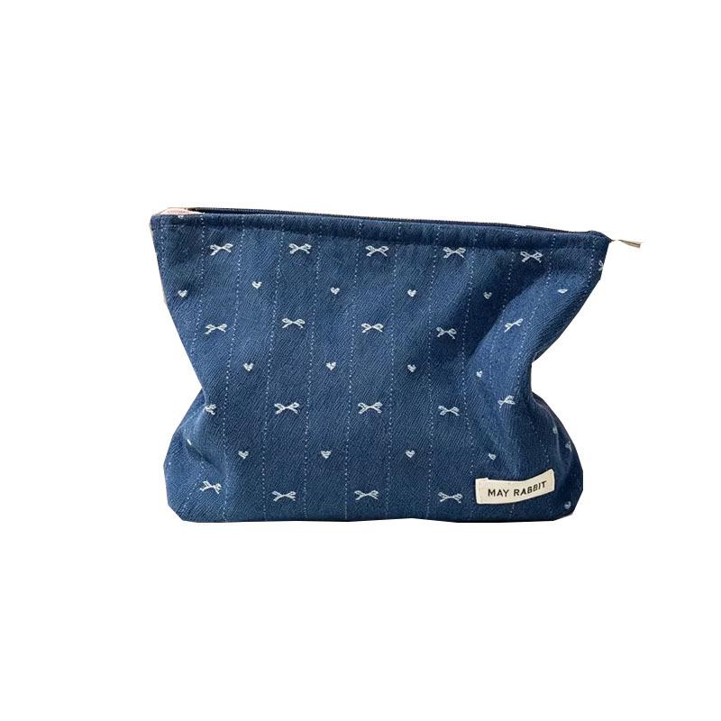 Korean-Style Denim Heart Print Versatile Jewelry & Makeup Bag