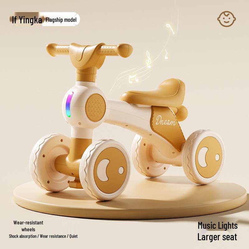Children's Four-Wheel Balance Bike with Music and Lights, No Pedals, Ages 1-4.