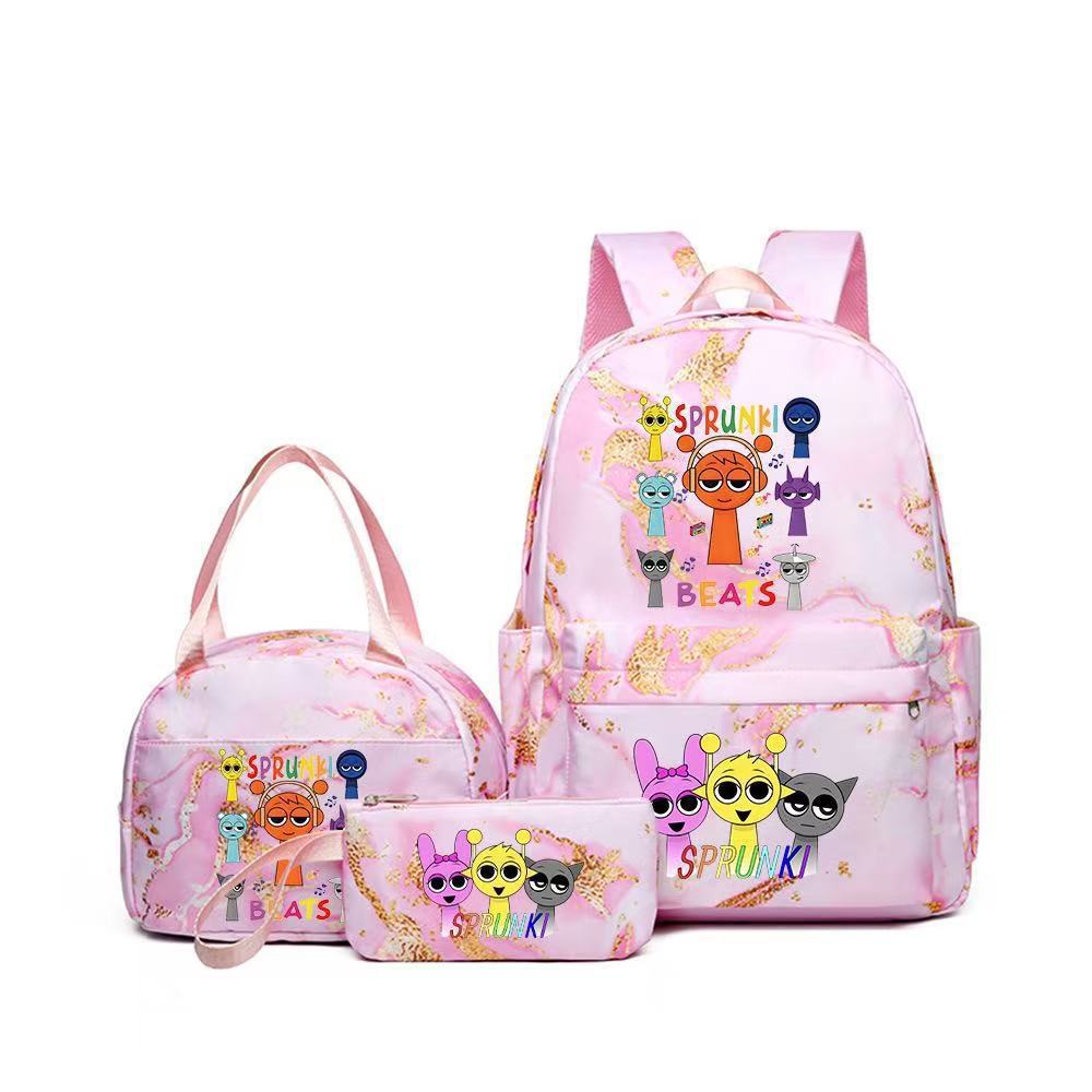 The Latest Sprunki Rhythm Zygote Student Schoolbag Children S Backpack Backpack Three-Piece Set Pink three-piece set