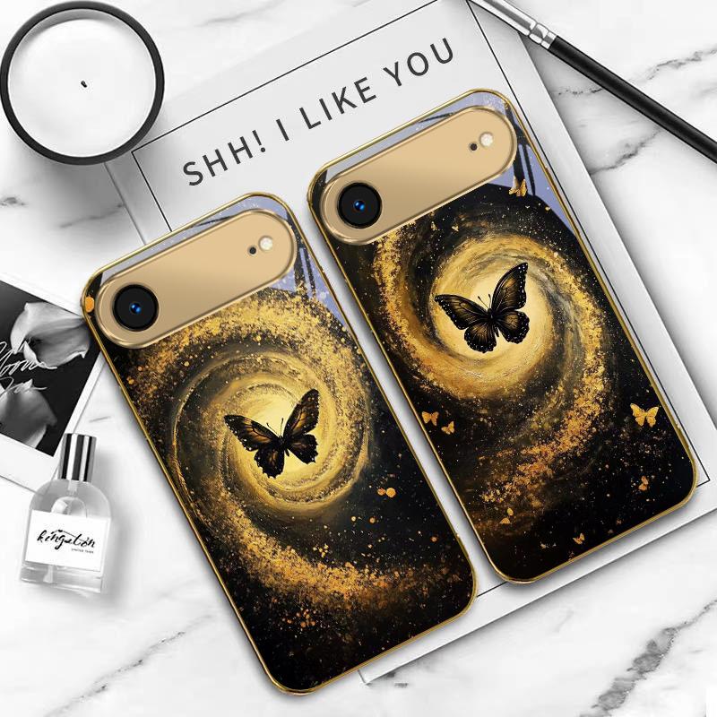Vortex Black Butterfly For IPhone 17Pro Max 16 17 Pro 15 Pro 14 13 Plus 12 Mini 11Pro Max XR 16E 17 Air Golden Glass Phone Case