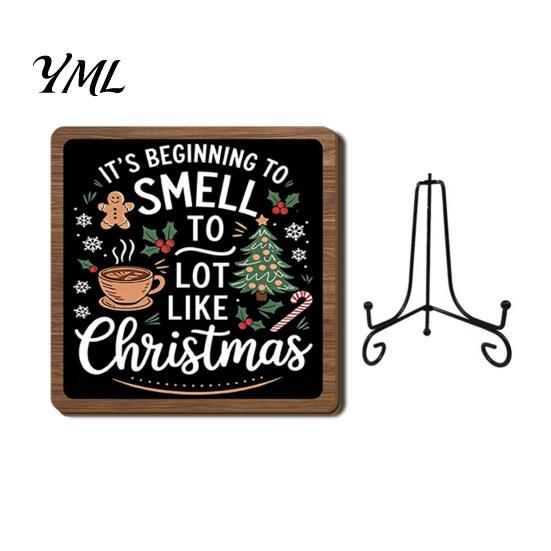 Christmas Pet Ornament Wooden Tabletop Decor, 2D Santa with Iron Stand, Rustic Wrought Display Stand Holiday Sign for Home And Cafe Festive