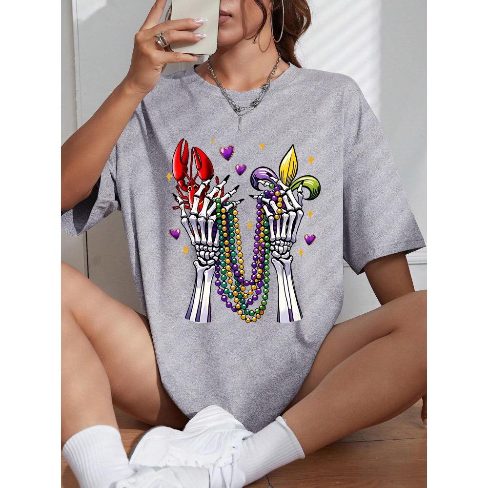 

Happy Carnivals Creative Skull Hand Print Women T Shirts Summer O-Neck T-Shirt Soft Cotton Sportswear Oversized Clothes S