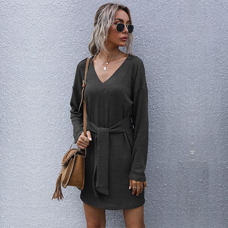 YYFS Women's Fashion Autumn Winter Solid Color Print Long Sleeve V-Neck Knitted Casual Dresses