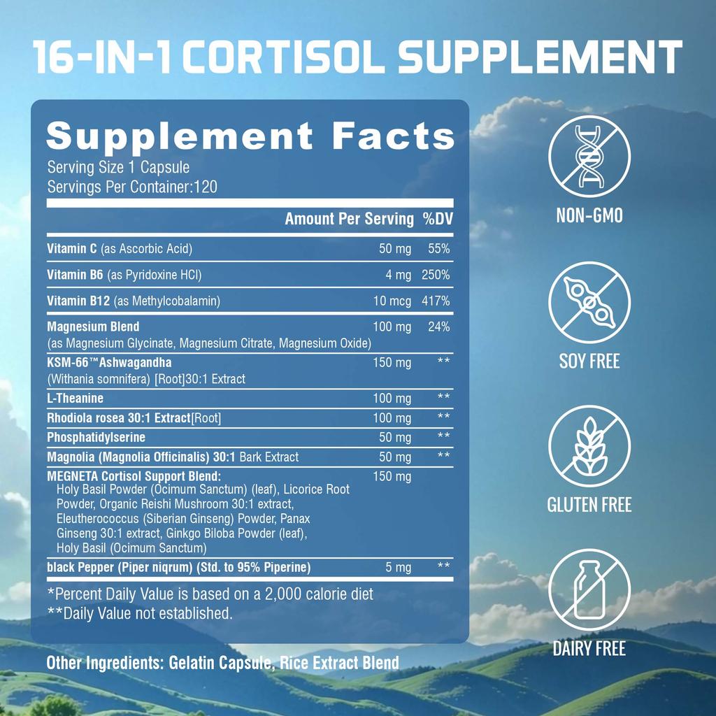 Suplemento para Gerenciamento de Cortisol com Magnésio, Ashwagandha e Teanina - Auxilia no Relaxamento, Cortisol e Foco - 120 Cápsulas