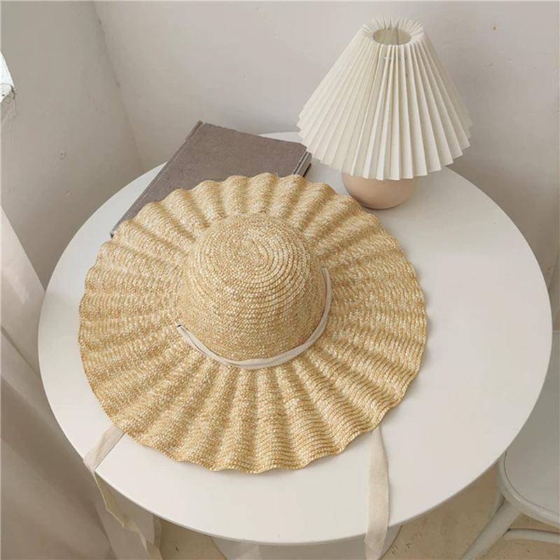 New Large Brim Ribbon Straw Hat Summer Hats For Women Ribbon Beach Cap Beach hat Dome Top Sun Hat Holiday Elegant cap