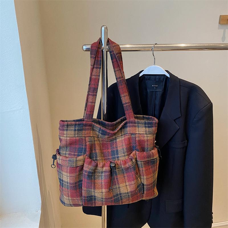 Woolen Plaid Large Bag Women'S Fashion Large Capacity Shoulder Bag Leisure Student Commuter Tote Bag