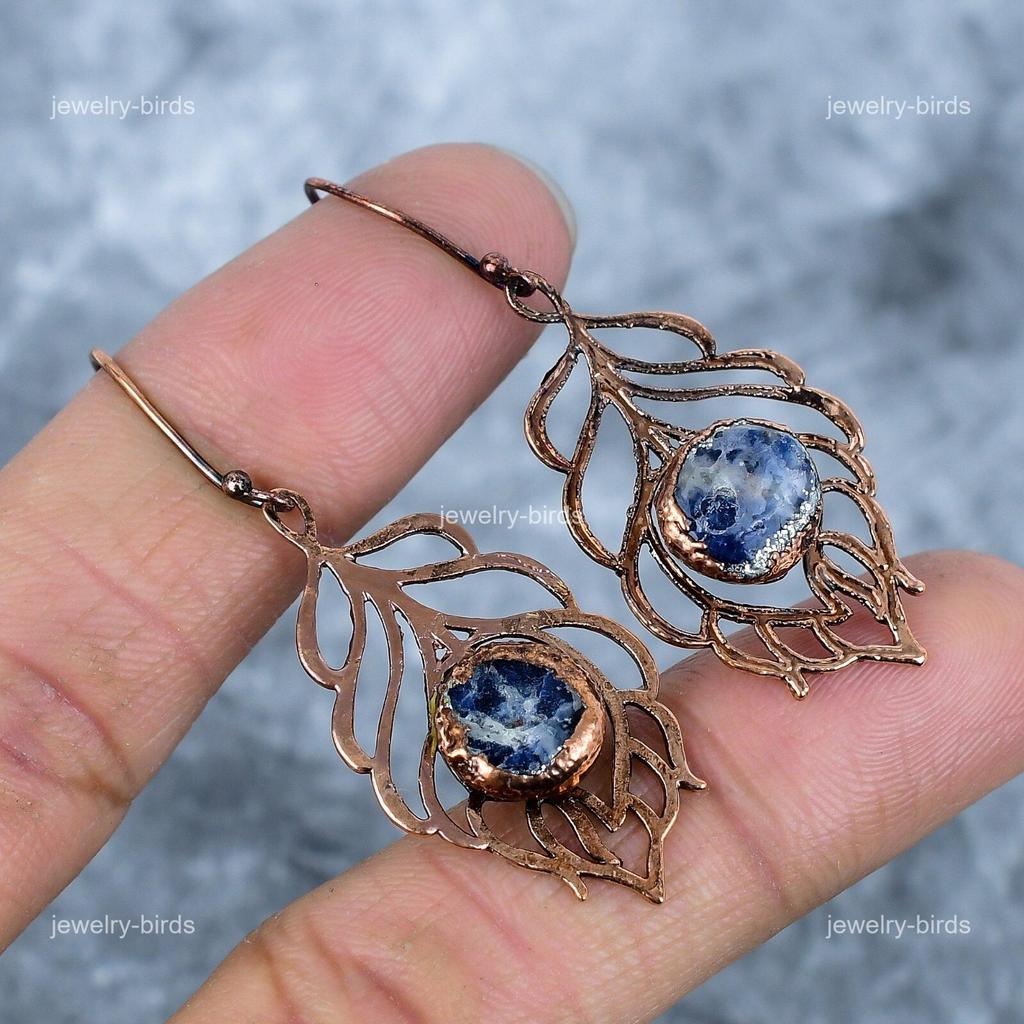 Round Sodalite Gemstone Copper Ethnic Electroformed Elegant Hook Drop Earrings VP-95