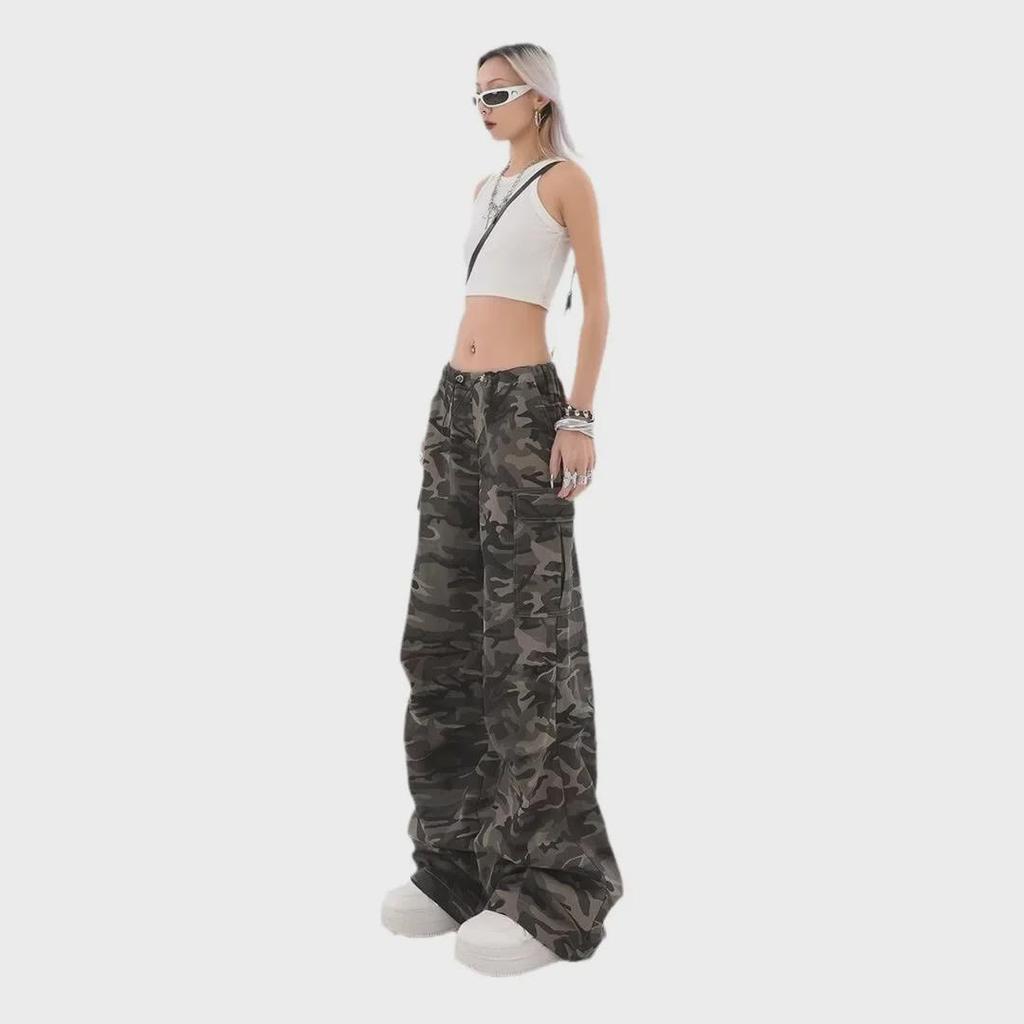 Women's 2024 Retro High-Waist Camouflage Wide-Leg Pants - Army Green, Casual Hip-Hop Style