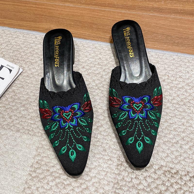 Fashion Slippers Shoes for Women Mules Luxury Designer Embroidery Ethnic Style Low Heel Home Sandals Female New In Fashion