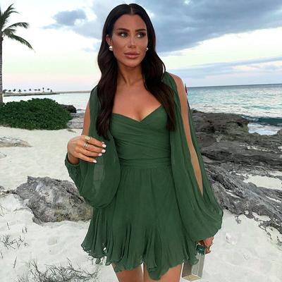 Women's Summer Solid Color Casual Mesh Long Sleeve Strappy Backless Slim Short Dress