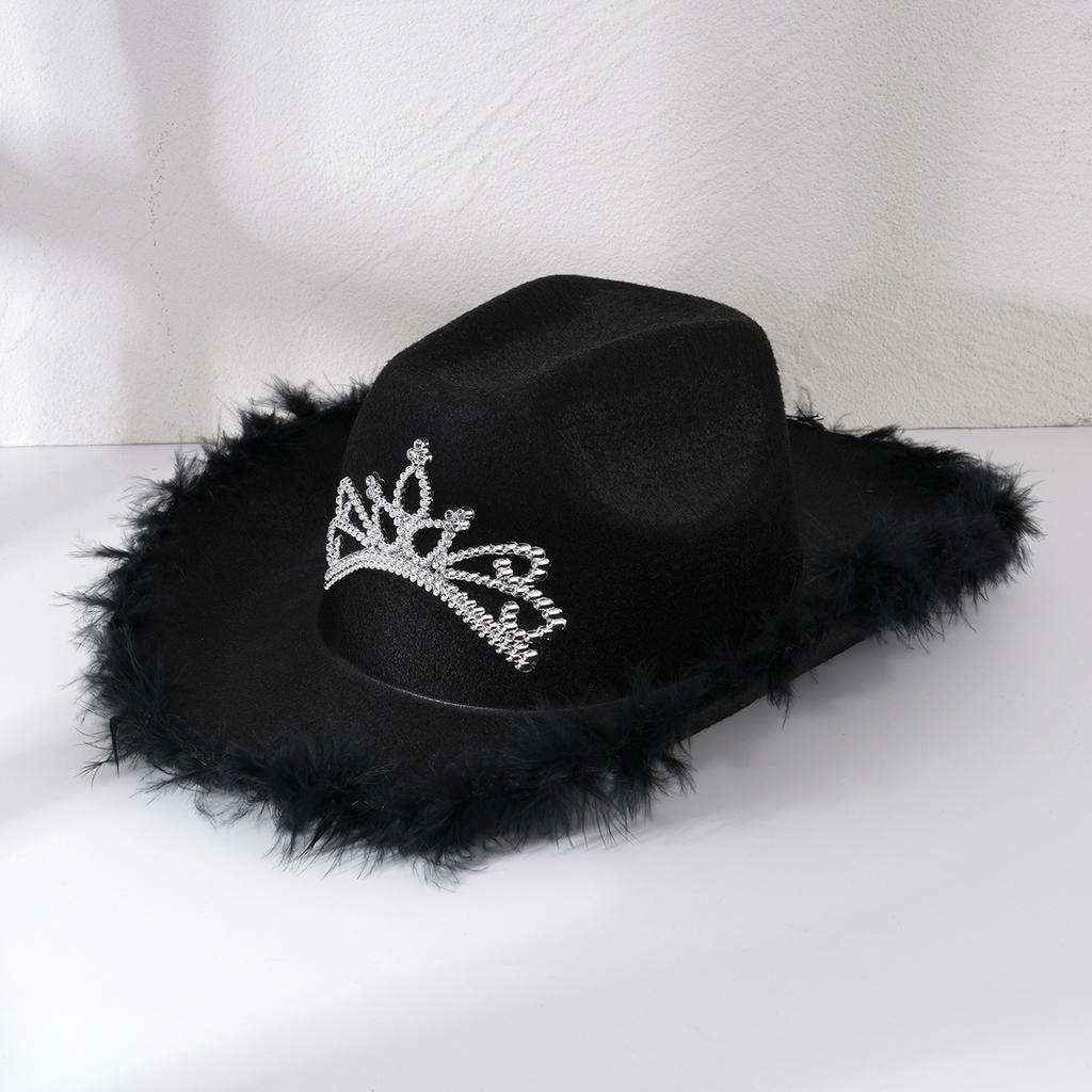 Men's and Women's American Cowboy Top Hats, Heavy Industry Crown Rhinestone Decoration, Fluffy Feather Decoration Wedding Party Hats