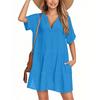 Women's Fashion Smock Casual Short-sleeved V-neck T-shirt Dress Holiday Beach Dress