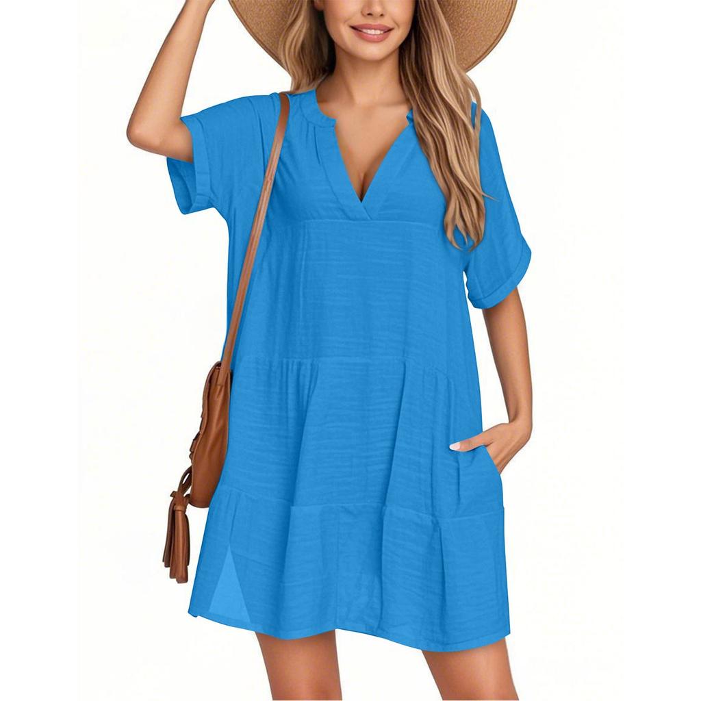 Women's Fashion Smock Casual Short-sleeved V-neck T-shirt Dress Holiday Beach Dress