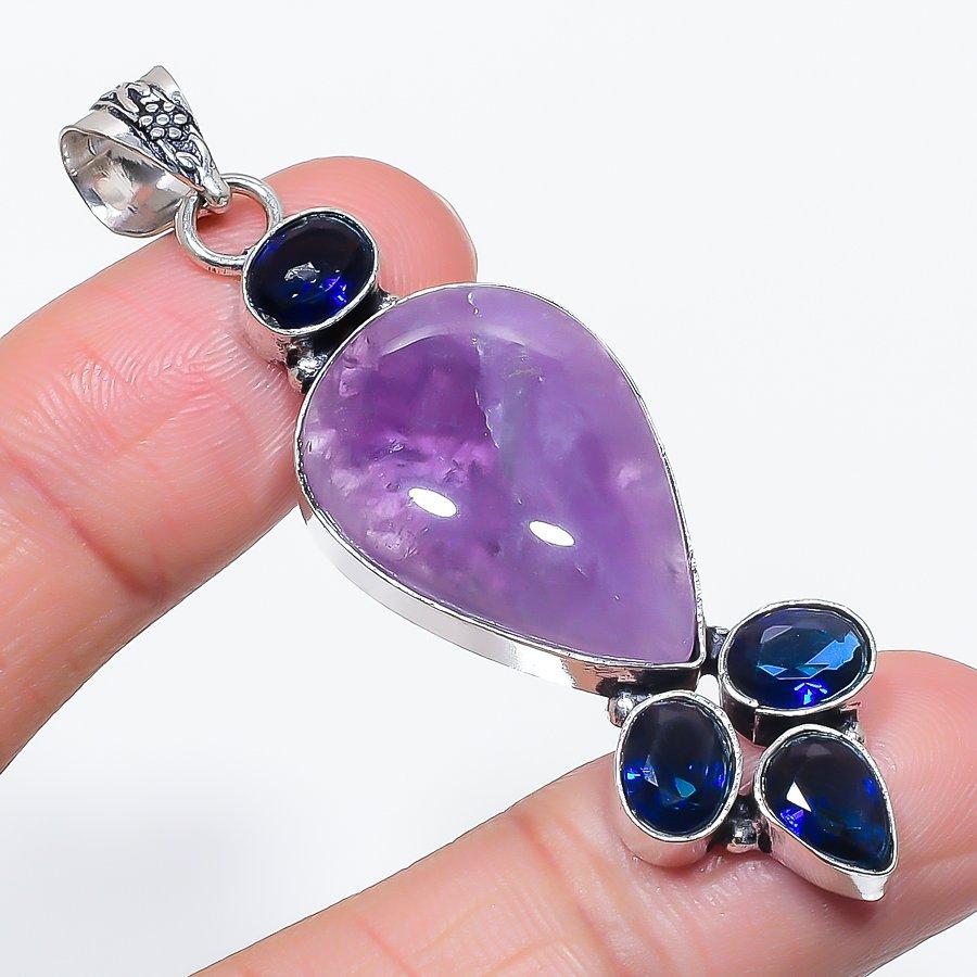 Natural Sage Amethyst, Topaz 925 Sterling Silver Jewelry Pendant 2.60" E8Z54
