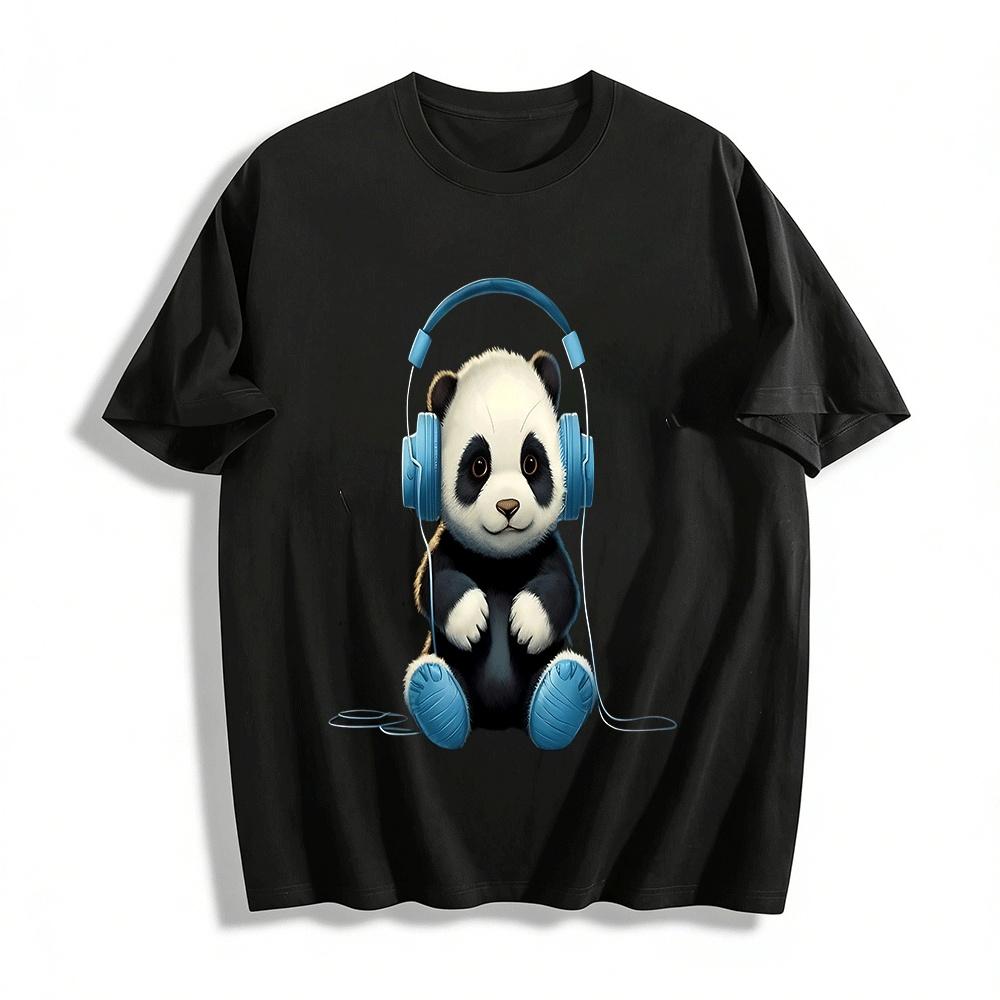 Cute Panda With Headphones Print Casual Unisex Short-Sleeve T-Shirt Pure cotton T-shirt XXS