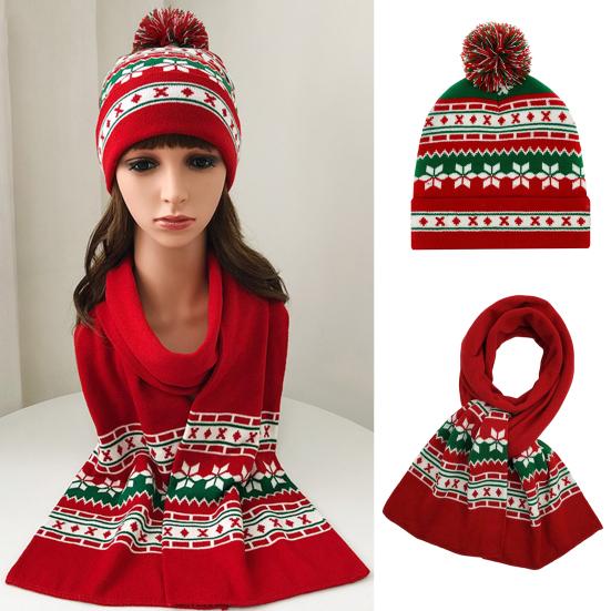 2Pcs/Set Winter Hat Scarf Set Knitting Technology Nordic Style Snowflake Pine Tree Pattern Fur